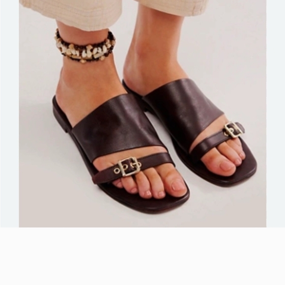 Free People Shoes - NEW Free People Dark Brown Leather Slide Sandals with Gold Buckles